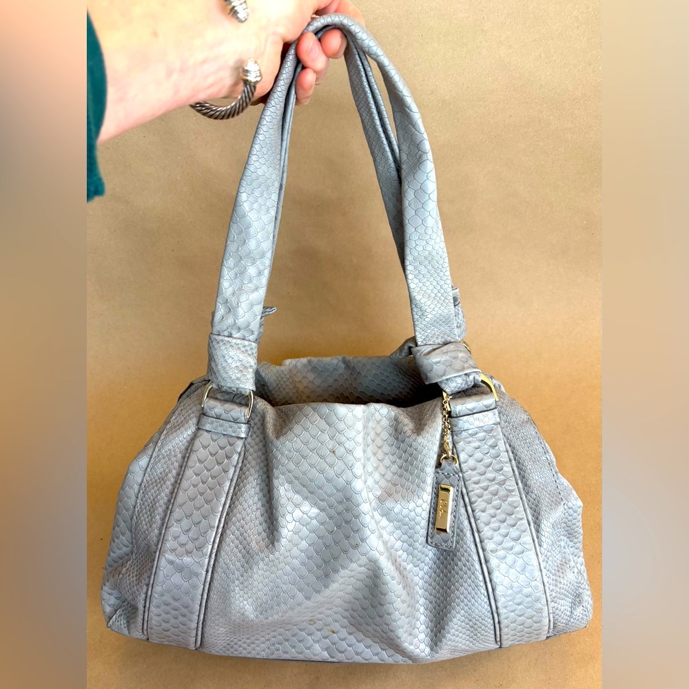 Vintage Cole Haan python embossed soft grey leather bag, gold hardware